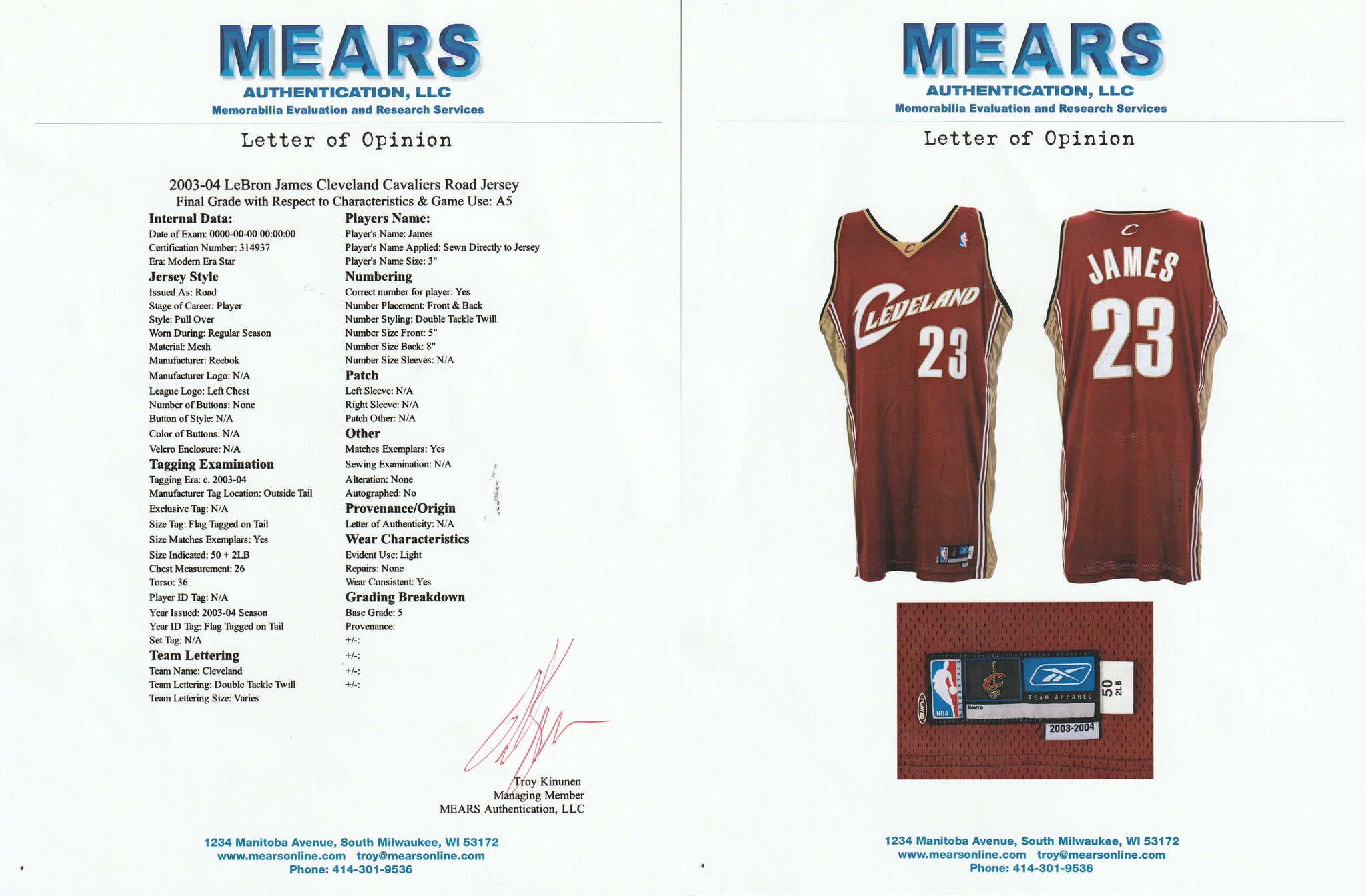 2003- 2004 Lebron James Cleveland Cavaliers Game Worn Jersey