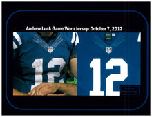 Load image into Gallery viewer, 2012 Andrew Luck Rookie Year Game Used &amp; Signed Indianapolis Colts Home Jersey Photo Matched To 3 Games