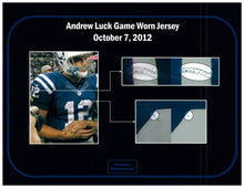 Load image into Gallery viewer, 2012 Andrew Luck Rookie Year Game Used &amp; Signed Indianapolis Colts Home Jersey Photo Matched To 3 Games